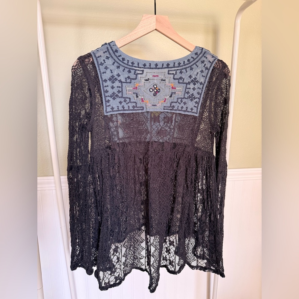Free People Black Lace Blouse with Blue Embroidery - Picture 7 of 7